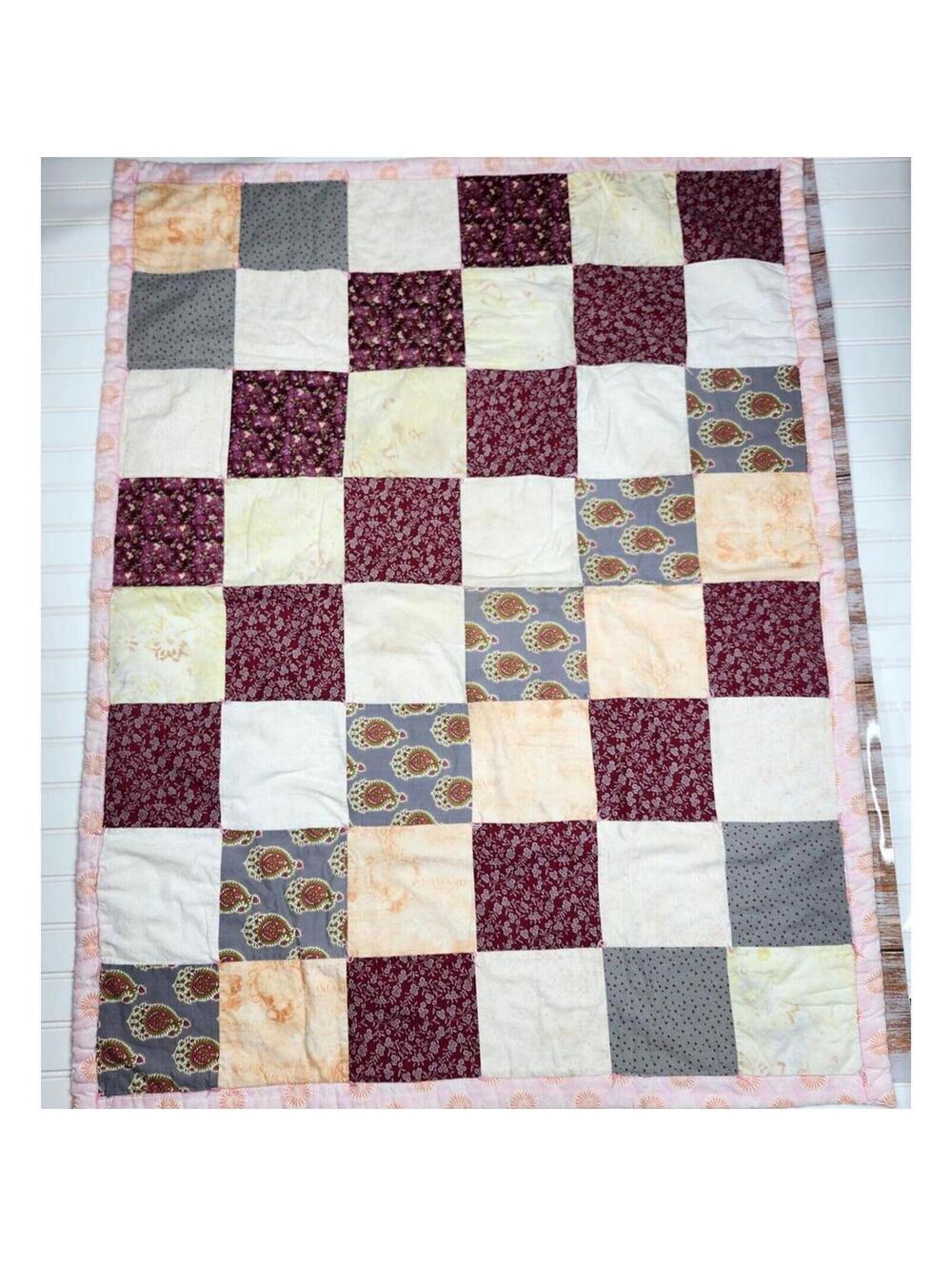Handmade Vineyard Vibes Patchwork Quilt 36 x 46 Inch Gray Maroon Peach Cream